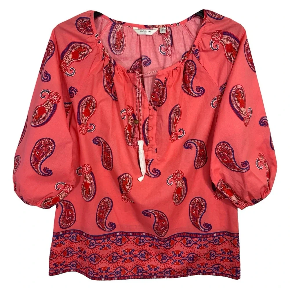 Liz Claiborne Coral Paisley Boho Blouse Top 1X Colorful‎ Resort Summer Shirt